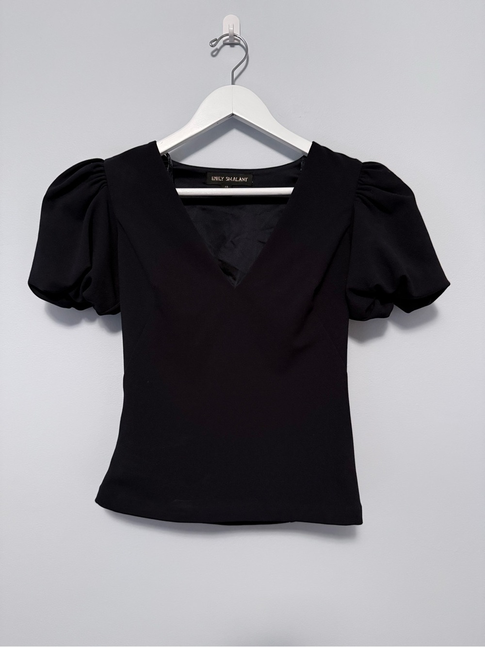 Emily Shalant Navy V-Neck Puff Sleeve Top
